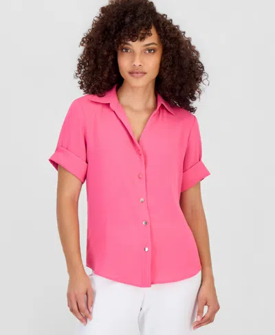 Anne Klein Essentials Petite Short-sleeve Button-front Shirt In Pink