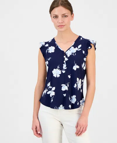 Anne Klein Essentials Petite Short-sleeve V-neck Button-front Top In Blue