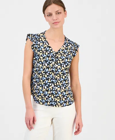Anne Klein Essentials Petite Short-sleeve V-neck Button-front Top In Blue