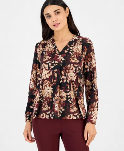 Anne Klein Essentials Petite Split-neck Yoke Long-sleeve Blouse In Anne Black Multi