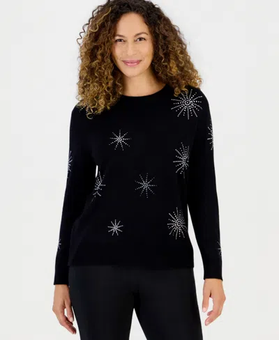 Anne Klein Essentials Petite Starburst Embellished Long-sleeve Sweater In Anne Black
