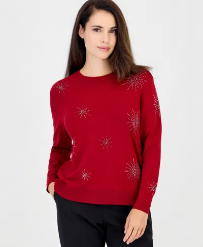 Anne Klein Essentials Petite Starburst Embellished Long-sleeve Sweater In Titan Red