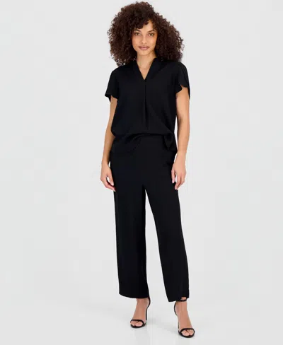 Anne Klein Essentials Petite Textured High Rise Pull-on Pants In Black