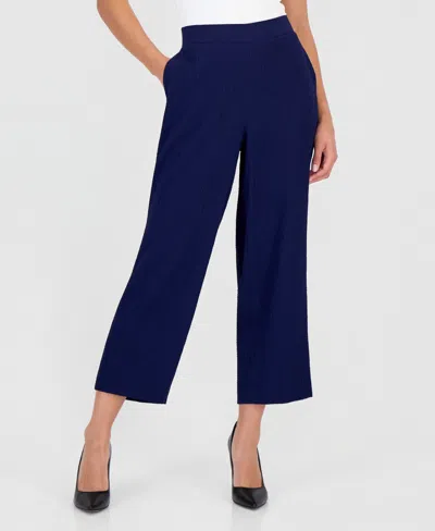 Anne Klein Essentials Petite Textured High Rise Pull-on Pants In Gray