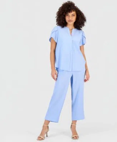 Anne Klein Essentials Petite Textured Tulip Sleeve Top Textured High Rise Pull On Pants In Distant Mountain