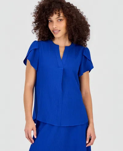 Anne Klein Essentials Petite Textured Tulip-sleeve Top In Blue