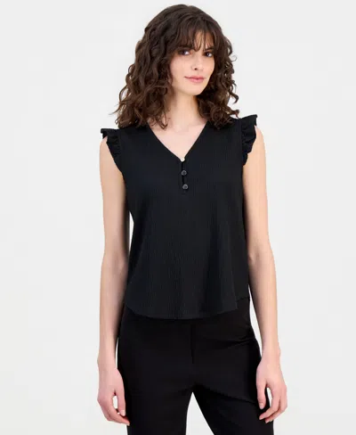 Anne Klein Essentials Petite V-neck Ruffle-trim Top In Black