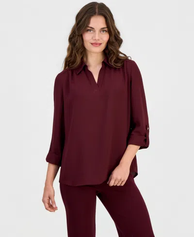 Anne Klein Essentials Petite V-neck 3/4-length Roll-tab Sleeve Blouse In Barolo