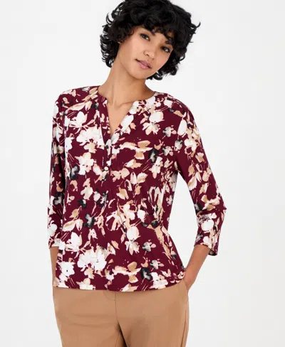 Anne Klein Essentials Petite V-neck 3/4-sleeve Floral-print Henley In Barolo Multi