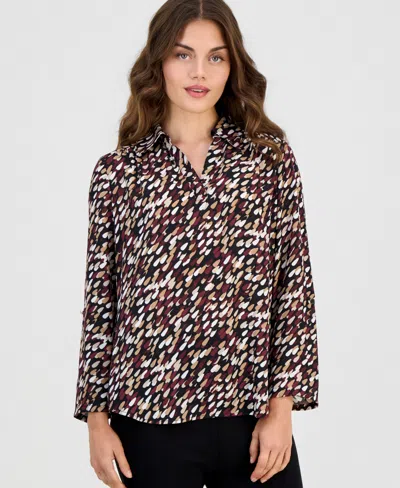 Anne Klein Essentials Petite V-neck Collar 3/4-length Roll-tab Sleeves Blouse In Anne Black Multi