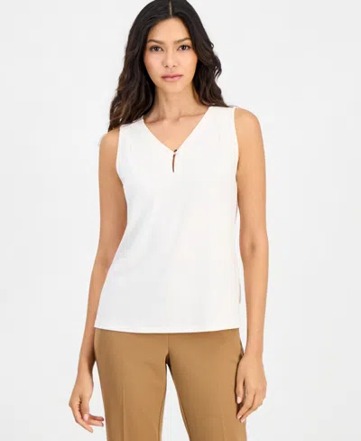 Anne Klein Essentials Petite V-neck Keyhole Sleeveless Blouse In White Dove