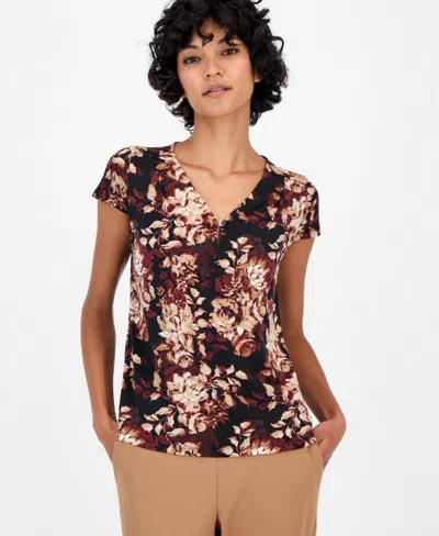 Anne Klein Essentials Petites Cap-sleeve Pleated V-neck Blouse In Anne Black Multi