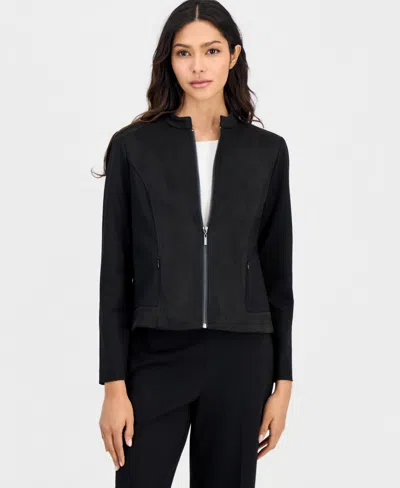 Anne Klein Essentials Petites Scuba Zip-front Moto Jacket In Anne Black