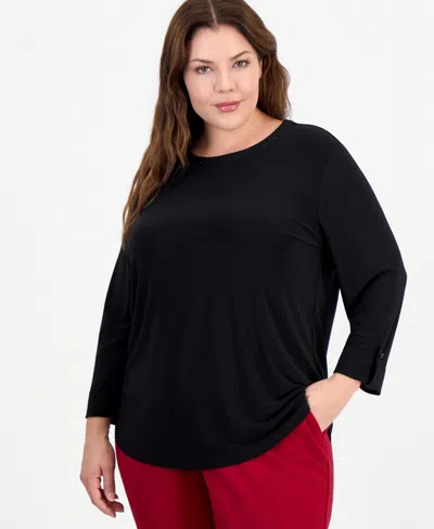 Anne Klein Essentials Plus Size 3/4-sleeve Scoop Neck Roll-cuff Top In Black
