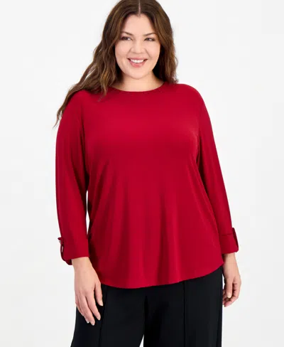 Anne Klein Essentials Plus Size 3/4-sleeve Scoop Neck Roll-cuff Top In Red
