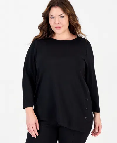 Anne Klein Essentials Plus Size Asymmetrical Button Serenity Knit 3/4-sleeve Boat-neck Tunic In Anne Black