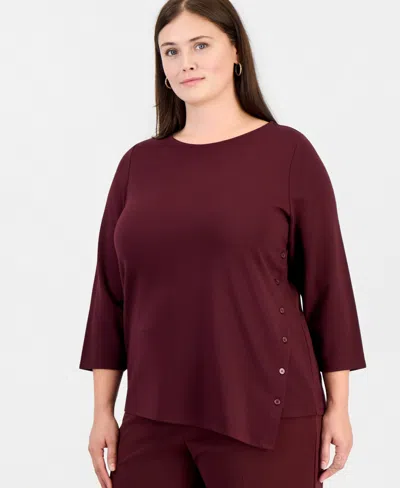 Anne Klein Essentials Plus Size Asymmetrical Button Serenity Knit 3/4-sleeve Boat-neck Tunic In Barolo