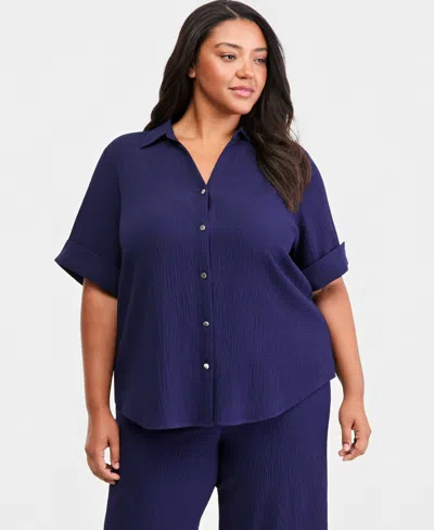 Anne Klein Essentials Plus Size Button-front Shirt In Distant Mountain