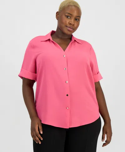 Anne Klein Essentials Plus Size Button-front Shirt In Pink