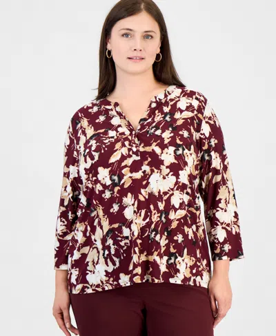 Anne Klein Essentials Plus Size Cap-sleeve Pleat-neck Floral Blouse In Barolo Multi