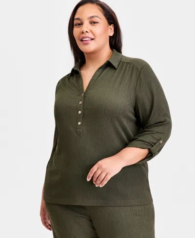 Anne Klein Essentials Plus Size Collared 3/4-sleeve Blouse In Green