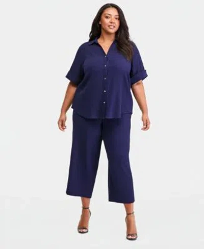 Anne Klein Essentials Plus Size Collared Button Front Shirt Pull On Crop Straight Leg Pants In Gray
