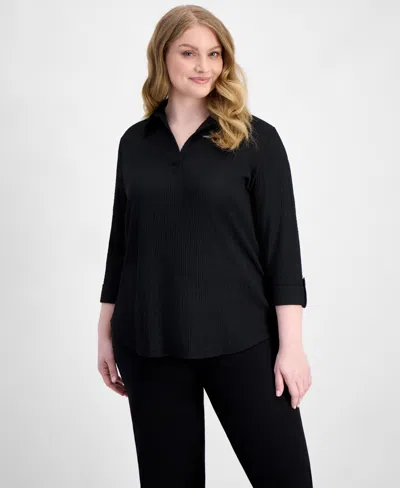 Anne Klein Essentials Plus Size Collared Textured Top In Black