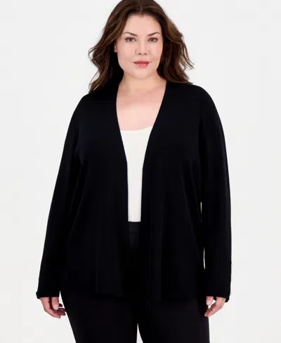 Anne Klein Essentials Plus Size Collarless Open-front Long-sleeve Cardigan In Anne Black