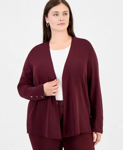 Anne Klein Essentials Plus Size Collarless Open-front Long-sleeve Cardigan In Barolo