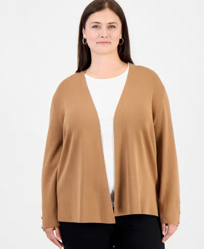 Anne Klein Essentials Plus Size Collarless Open-front Long-sleeve Cardigan In Vicuna