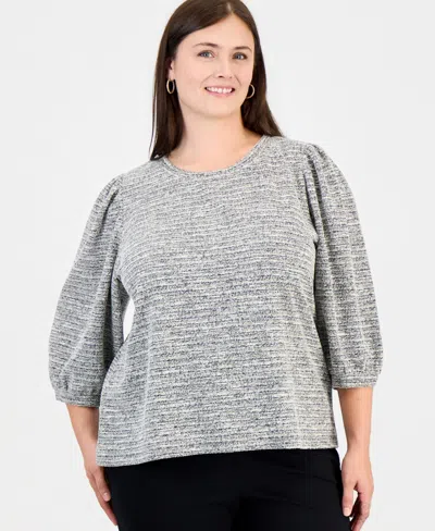 Anne Klein Essentials Plus Size Crew Neck Boucle 3/4-length Balloon Sleeve Sweater In Anne Black,white Dove
