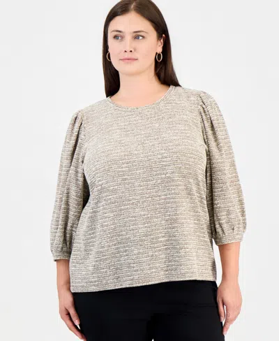 Anne Klein Essentials Plus Size Crew Neck Boucle 3/4-length Balloon Sleeve Sweater In Vicuna,white Dove