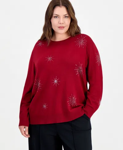 Anne Klein Essentials Plus Size Crewneck Long-sleeve Embellished Sweater In Titian Red