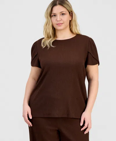 Anne Klein Essentials Plus Size Crinkle-textured Top In Brown