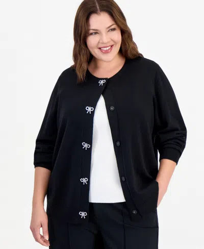 Anne Klein Essentials Plus Size Embellished Crewneck Long-sleeve Cardigan In Black