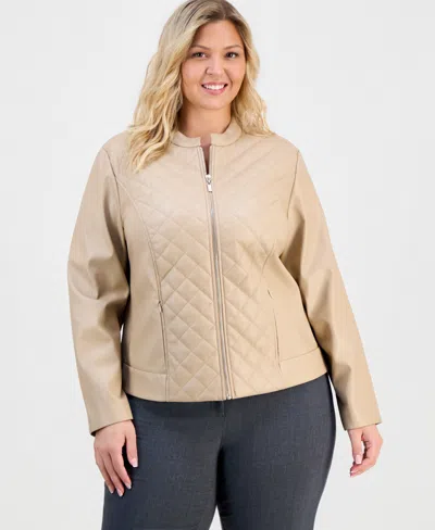 Anne Klein Essentials Plus Size Faux-leather Quilt-front Zip-front Jacket In Brown