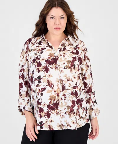 Anne Klein Essentials Plus Size Floral Roll-tab V-neck Blouse In Multi