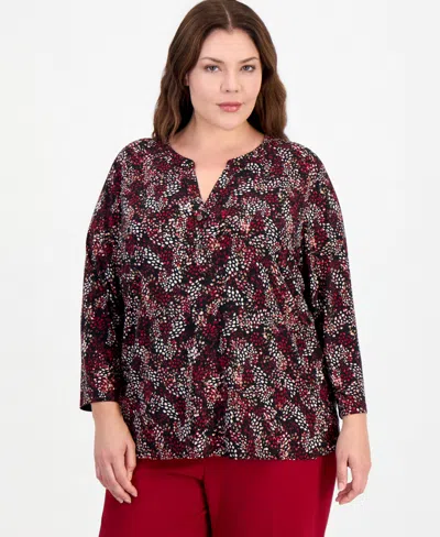 Anne Klein Essentials Plus Size Henley 3/4-sleeve Printed Top In Multi