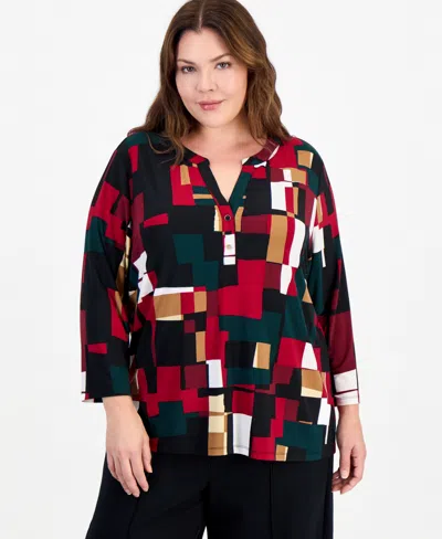 Anne Klein Essentials Plus Size Henley 3/4-sleeve Top In Multi