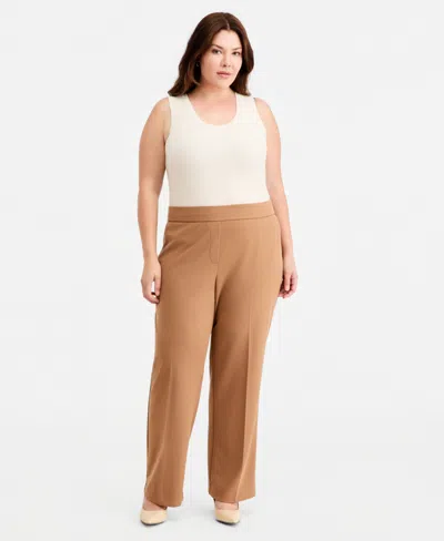 Anne Klein Essentials Plus Size High Rise Straight Leg Pants In Vicuna