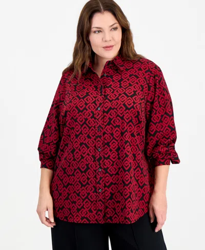 Anne Klein Essentials Plus Size Houndstooth Long-sleeve Blouse In Anne Black,titian Red