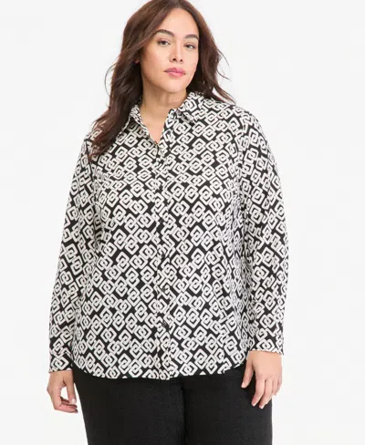 Anne Klein Essentials Plus Size Houndstooth Long-sleeve Blouse In Anne Blk,white Dove