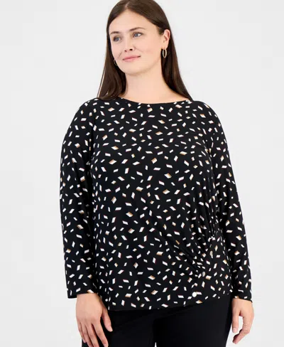 Anne Klein Essentials Plus Size Long-sleeve Boat-neck Ruched Blouse In Anne Black Multi