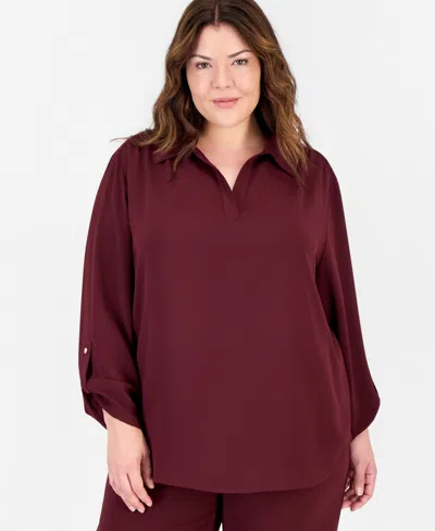 Anne Klein Essentials Plus Size Long-sleeve Button-down Roll-tab Blouse In Barolo