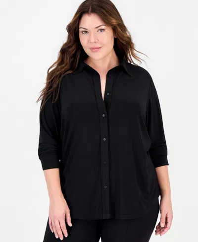 Anne Klein Essentials Plus Size Long-sleeve Button-up Blouse In Anne Black