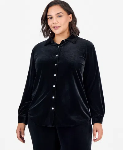 Anne Klein Essentials Plus Size Long-sleeve Velvet Button-front Top In Black
