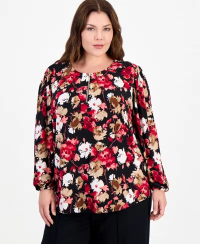 Anne Klein Essentials Plus Size Long-sleeve V-neck Floral Blouse In Multi