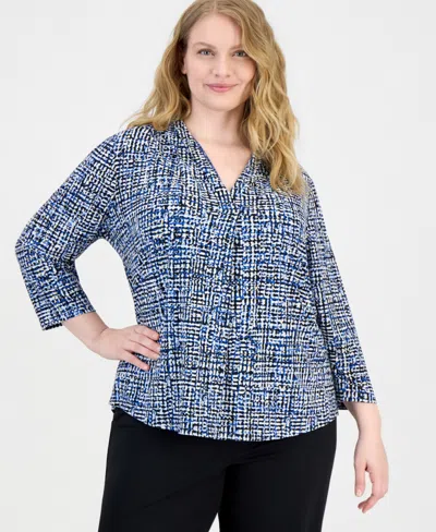 Anne Klein Essentials Plus Size Pleated 3/4-sleeve Top In Blue