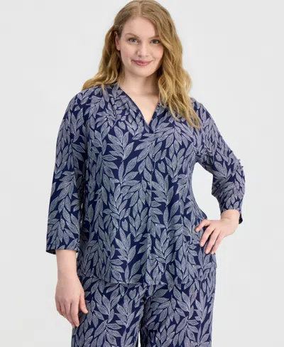 Anne Klein Essentials Plus Size Pleated 3/4-sleeve Top In Blue