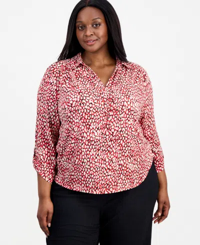 Anne Klein Essentials Plus Size Printed 3/4 Scrunch-tab-sleeve Blouse